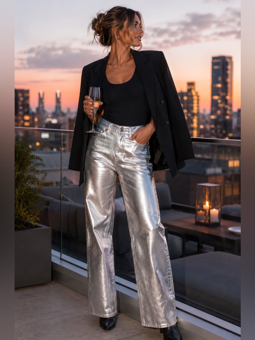 Zara Metallic Silver Coated Wide Leg Jeans High Rise Statement Party Pants Sz 6
